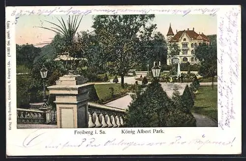 AK Freiberg i. Sa., König Albert Park mit Springbrunnen
