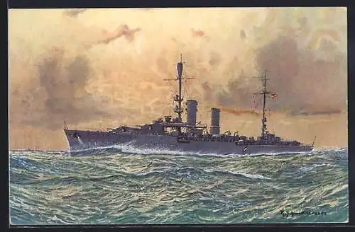Künstler-AK Robert Schmidt: Kreuzer Emden auf bewegter See
