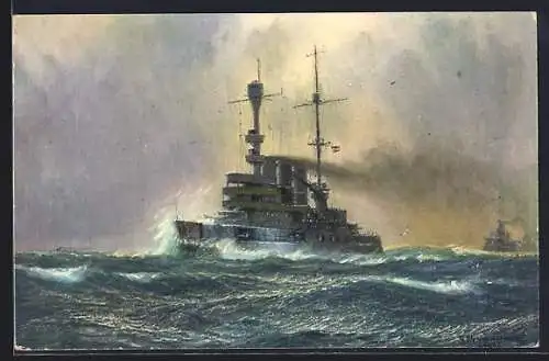 Künstler-AK Flaggschiff Schleswig-Holstein auf See
