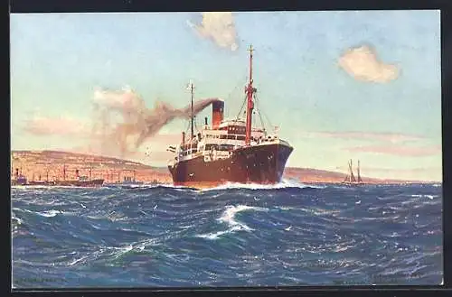Künstler-AK Valparaiso, Passagierschiff Atto verlässt den Hafen