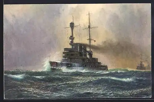 Künstler-AK Flaggschiff Schleswig-Holstein auf See