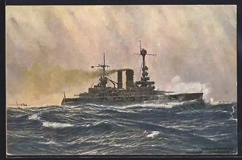 Künstler-AK Linienschiff Schlesien, Kriegsschiff Seiner Majestät auf See