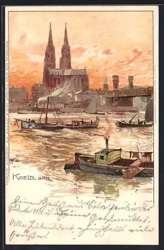 Künstler-AK Manuel Wielandt: Köln, Rheinansicht mit Dom, Schleppkahn