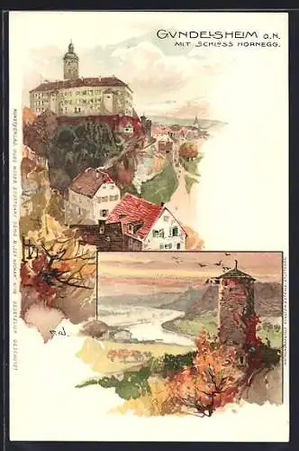 Künstler-Lithographie Manuel Wielandt: Gundelsheim a/N, Schloss Hornegg