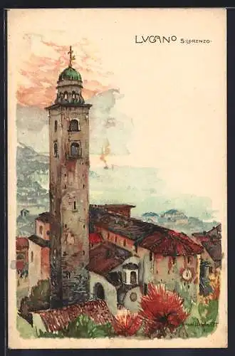 Künstler-Lithographie Manuel Wielandt: Lugano, S. Lorenzo
