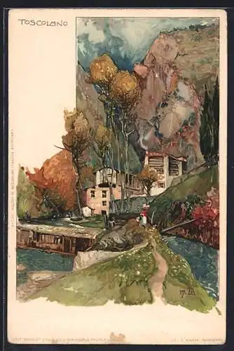 Künstler-Lithographie Manuel Wielandt: Toscolano, Landschaft mit Haus