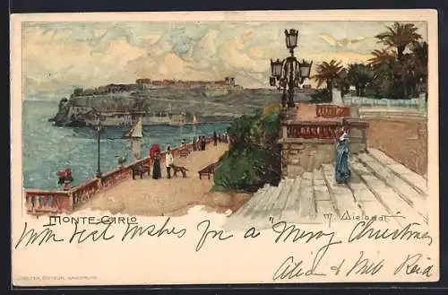 Künstler-Lithographie Manuel Wielandt: Monte-Carlo, Küstenpanorama mit Spaziergängern
