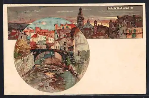 Künstler-AK Manuel Wielandt: San Remo, Flusspartie mit Brücke, Teilansicht