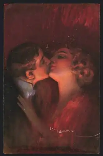 Künstler-AK Luis Usabal: Liebespaar küsst sich