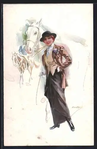 Künstler-AK Luis Usabal: Frau mit Hut und Pferd im Hintergrund