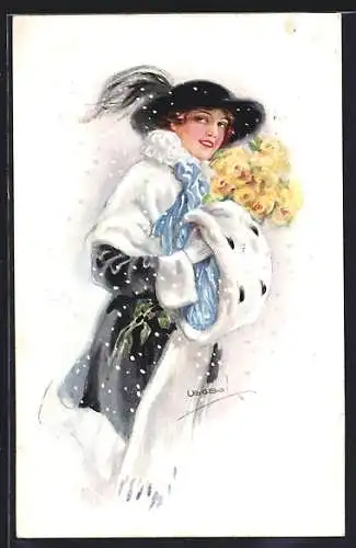 Künstler-AK Luis Usabal: Frau in Winterkleidung und Blumenstrauss