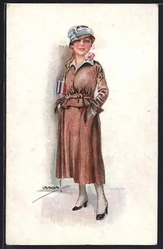 Künstler-AK Luis Usabal: Dame im Mantel