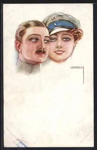Künstler-AK Luis Usabal: Liebespaar, Frau mit Soldatenmütze