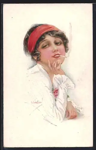 Künstler-AK Luis Usabal: Frau mit rotem Kopftuch