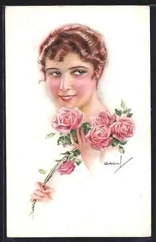 Künstler-AK Luis Usabal: Frauenkopf mit toller Frisur und Rosen