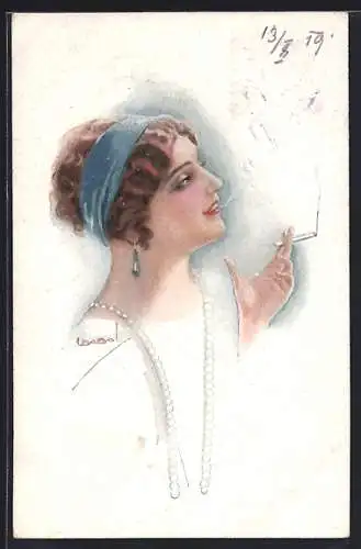 Künstler-AK Luis Usabal: Junge Dame mit Zigarette bläst Rauchringe