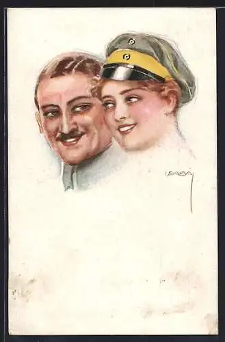 Künstler-AK Luis Usabal: Soldat & Frau mit seiner Mütze