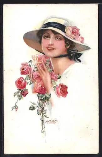 Künstler-AK Luis Usabal: Junge Frau mit Rosen