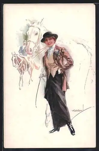 Künstler-AK Luis Usabal: Frau mit Hut und Pferd im Hintergrund