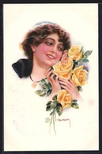 Künstler-AK Luis Usabal: Frauenportrait mit gelben Rosen