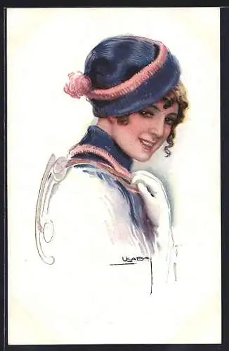 Künstler-AK Luis Usabal: Hübsche Frau mit blauer Mütze