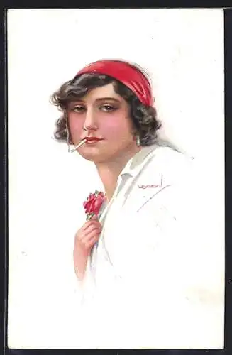 Künstler-AK Luis Usabal: Hübsche Dame mit Haartuch und Zigarette