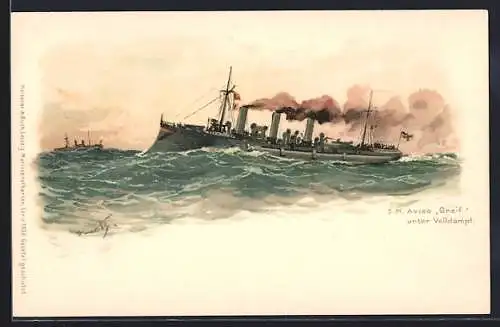 Künstler-AK Hans Bohrdt: S. M. Aviso Grille unter Volldampf