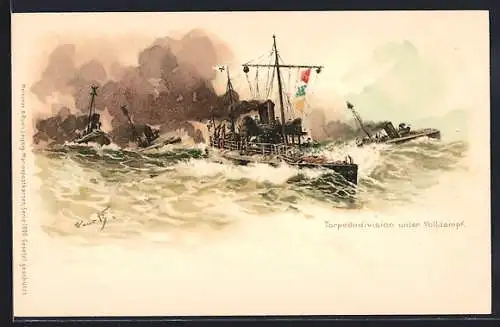 Künstler-AK Hans Bohrdt: Torpedo-Division im offenen Meer