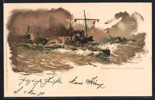 Künstler-AK Hans Bohrdt: Torpedo-Division im offenen Meer