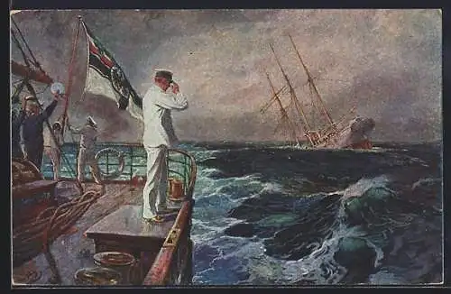 Künstler-AK Hans Bohrdt: Der letzte Gruss, Abschied des Kapitänleutnants v. Mücke, 1914, Reichskriegsfahne