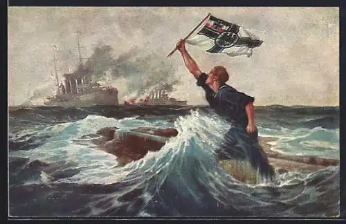 Künstler-AK Hans Bohrdt: Der letzte Mann hält die Reichskriegsfahne hoch, Seeschlacht Falklandinseln, 1914
