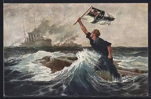 Künstler-AK Hans Bohrdt: Der letzte Mann hält die Reichskriegsfahne hoch, Seeschlacht Falklandinseln, 1914