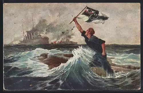 Künstler-AK Hans Bohrdt: Der letzte Mann hält die Reichskriegsfahne hoch, Seeschlacht Falklandinseln, 1914