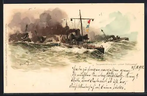 Künstler-AK Hans Bohrdt: Torpedo-Division im offenen Meer