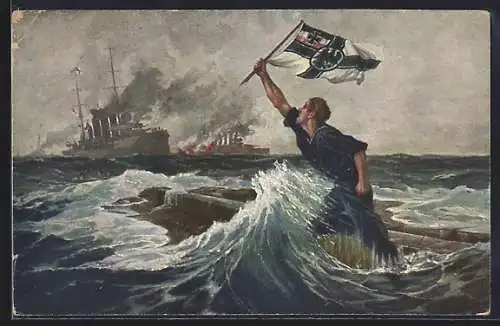 Künstler-AK Hans Bohrdt: Der letzte Mann hält die Reichskriegsfahne hoch, Seeschlacht Falklandinseln, 1914