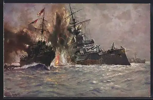 Künstler-AK Hans Bohrdt: Kriegsschiffe vernichten das englische Linienschiff Triumph
