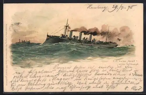 Künstler-AK Hans Bohrdt: S. M. Aviso Grille unter Volldampf