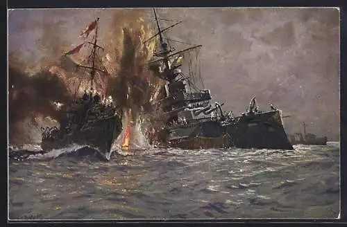 Künstler-AK Hans Bohrdt: Kriegsschiffe vernichten das englische Linienschiff Triumph