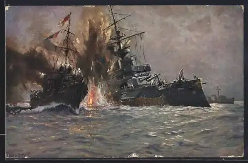 Künstler-AK Hans Bohrdt: Kriegsschiffe vernichten das englische Linienschiff Triumph