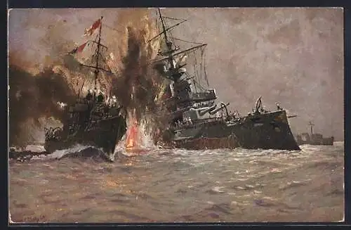 Künstler-AK Hans Bohrdt: Kriegsschiffe vernichten das englische Linienschiff Triumph