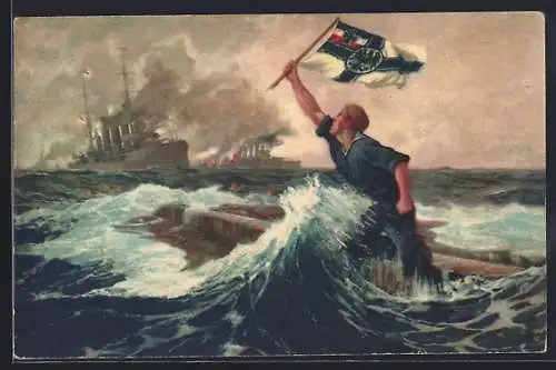 Künstler-AK Hans Bohrdt: Der letzte Matrose hält Reichskriegsfahne hoch, Seeschlacht Falklandinseln, 1914