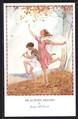 Künstler-AK Margaret W. Tarrant: an autumn Melody, Junge spielt Flöte und Mädchen tanzt