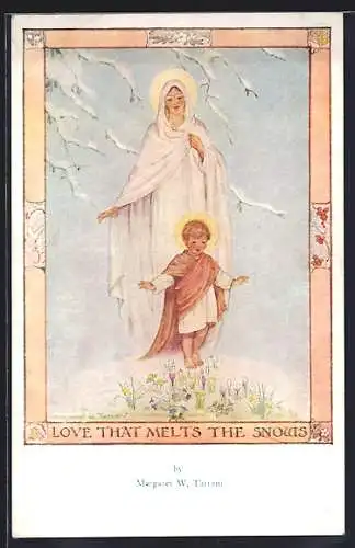Künstler-AK Margaret W. Tarrant: Jesus Kind und Maria schweben über Blumen, Love that melts the snow