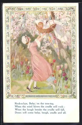 Künstler-AK Margaret W. Tarrant: Magic of Childhood, Rock-a-bye baby on the tree top, Mutter schaukelt Baby im Körbchen