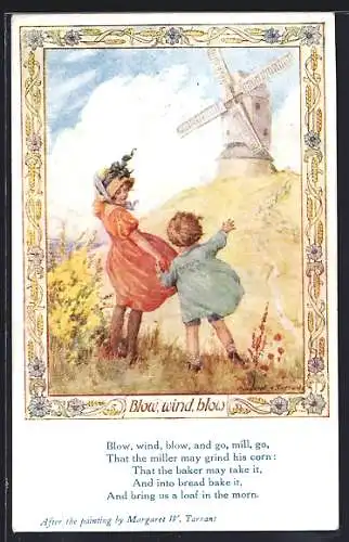 Künstler-AK Margaret W. Tarrant: Zwei Kinder vor einer Windmühle mit brausenden Wind