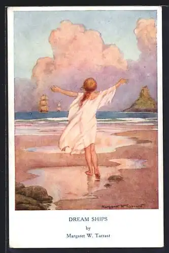 Künstler-AK Margaret W. Tarrant: Sehnsucht, Junge Frau am Meer