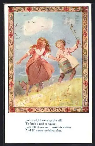 Künstler-AK Margaret W. Tarrant: zwei Kinder rennen mit Eimer Berg hoch, Jack and Jill