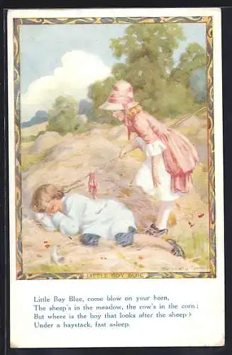 Künstler-AK Margaret W. Tarrant: schlafender Junge wird von Mädchen mit Stock geweckt, Little Boy Blue