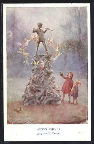 Künstler-AK Margaret W. Tarrant: Peter`s Friends, Elfen umfliegen eine Skulptur von Peter Pan