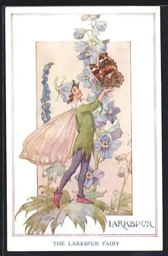 Künstler-AK Margaret W. Tarrant: The Larkspur Fairy, Junge mit Flügeln hat einen Schmetterling auf der Hand